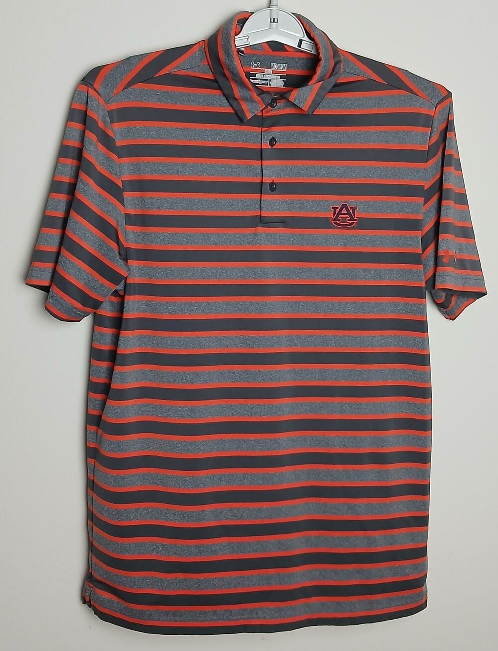 Under Armour Auburn Tigers Polo Shirt Mens Medium Gray Orange HeatGear Striped